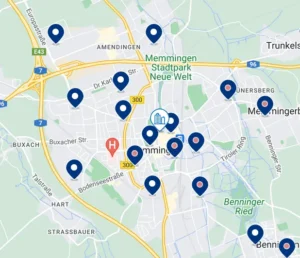 Karte mit autobahnhotels a7 und a96 Memmingen, Bayern