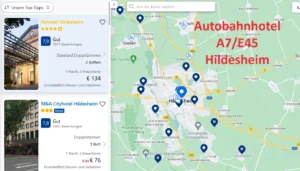 Finden Sie ein Autobahnhotel an der A7 in der Nähe der Universitätsstadt Hildesheim in Niedersachsen, auf der Hotelkarte über Google Maps