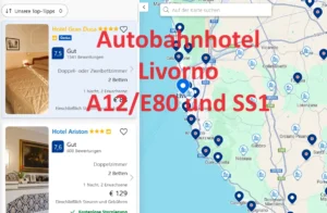 Finden Sie ein Autobahnhotel an der A12/E80 und SS1 in der Nähe von Livorno, auf der Hotelkarte über Google Maps