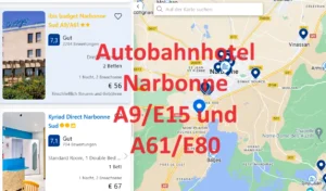 Finden Sie ein Autobahnhotel an der A9 / E15 und A61 / E80 in der Nähe von Narbonne, auf der Hotelkarte über Google Maps: