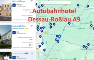 Finden Sie ein Autobahnhotel an der A9 in der Nähe von Dessau-Roßlau, auf der Hotelkarte über Google Maps: