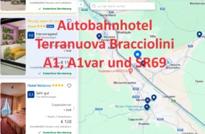 Finden Sie ein Autobahnhotel an der A1/A1var/E35 und SR69 in der Nähe von Terranuova Bracciolini, auf der Hotelkarte über Google Maps