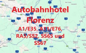 Finden Sie ein Autobahnhotel an der A1/E35, A11/E76, RA3/SS2, SS65 und SS67 in der Nähe von Florenz, auf der Hotelkarte über Google Maps