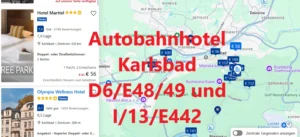 Finden Sie ein Autobahnhotel an der D6/E48/49 und I/13/E442, in der Nähe von Karslbad (Tschechisch: Karlovy Vary), auf der Hotelkarte über Google Maps