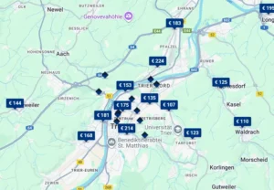 Finden Sie ein Autobahnhotel an der A64/E44, A602, B49, B51 und B52 in der Nähe von Trier, auf der Hotelkarte über Google Maps