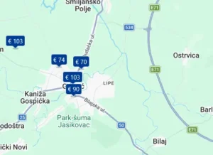 Screenshot der Google-Maps-Hotelkarte mit Hotels entlang der A1/E71, D25, D50 oder D534 in der Nähe von Gospic, Kroatien. Jedes Hotel ist mit einem Preislabel auf der Karte markiert.