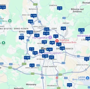 Screenshot der Google-Maps-Hotelkarte mit Hotels entlang der D1/E50, D2/E65, E461 in der Nähe von Brünn (Brno), Tschechien. Jedes Hotel ist mit einem Preislabel auf der Karte markiert.