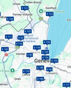 Screenshot der Google-Maps-Hotelkarte mit Hotels entlang der A1/E62 in der Nähe von Genf, Schweiz. Jedes Hotel ist mit einem Preislabel auf der Karte markiert.