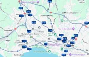 Screenshot der Google-Maps-Hotelkarte mit Hotels entlang der A1/E62, A9 und H1 in der Nähe von Lausanne, Schweiz. Jedes Hotel ist mit einem Preislabel auf der Karte markiert.
