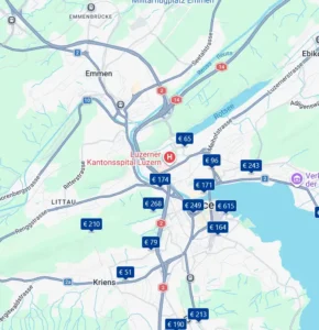 Screenshot der Google-Maps-Hotelkarte mit Hotels entlang der A2/E35, A14, H2, H2a und H10 in der Nähe von Luzern, Schweiz. Jedes Hotel ist mit einem Preislabel auf der Karte markiert.