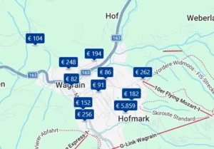 Screenshot der Google-Maps-Hotelkarte mit Hotels entlang der A11/E50 in der Nähe von Chartres, Frankreich. Jedes Hotel ist mit einem Preislabel auf der Karte markiert.