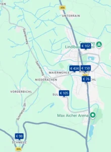 Screenshot der Google-Maps-Hotelkarte mit Hotels entlang der B305 und B306 in der Nähe von Inzell, Bayern. Jedes Hotel ist mit einem Preislabel auf der Karte markiert.